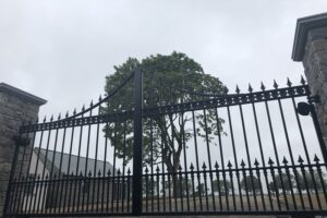 Close up of entrance gate at studfarm. Tree in background
